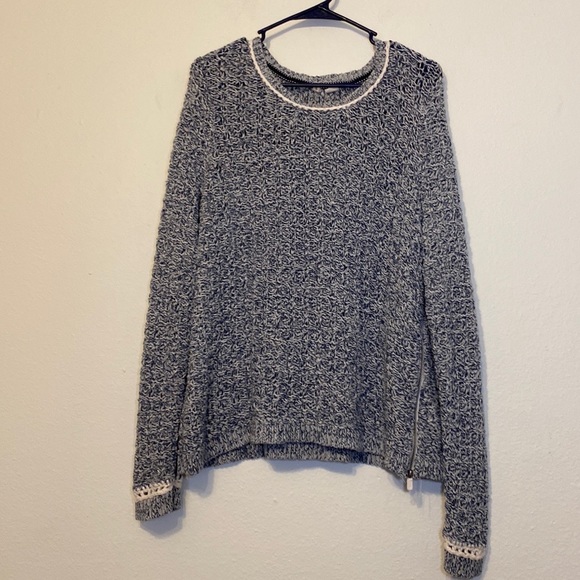 Moth Anthropologie open stitch blue marbled crew neck sweater with sid… - Picture 1 of 9
